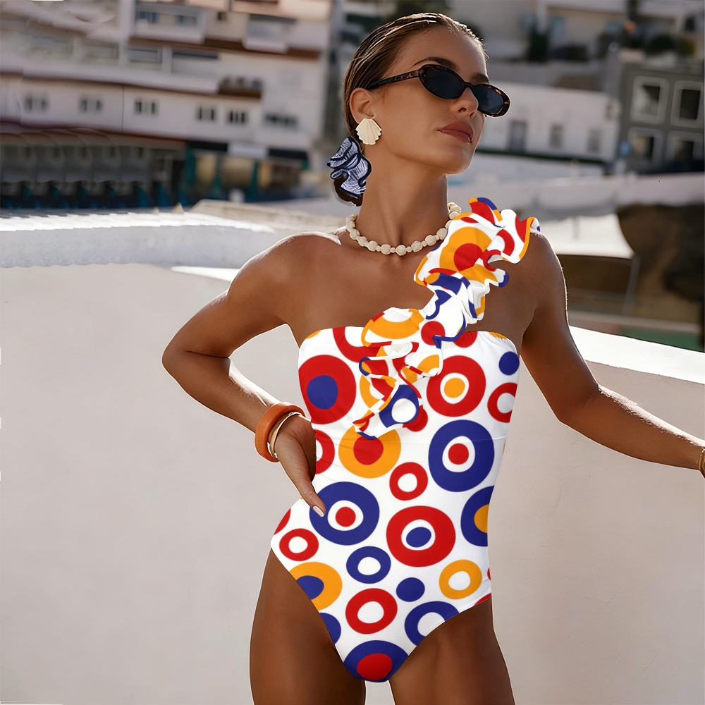 Retro Colorful Circle One-Shoulder Ruffled One-Piece Swimsuit Matching Maxi Skirt Set