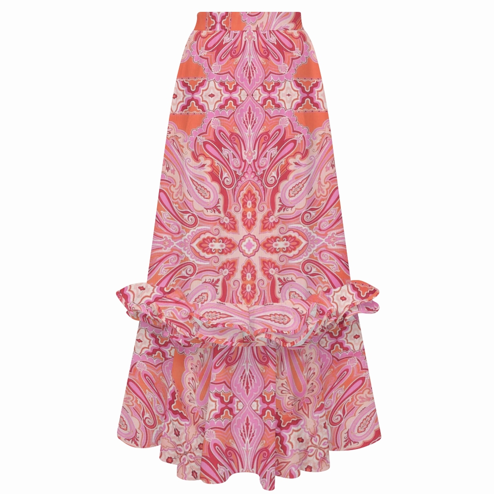 Pink Orange Paisley One-Shoulder Ruffled One-Piece Swimsuit Matching Maxi Skirt Set