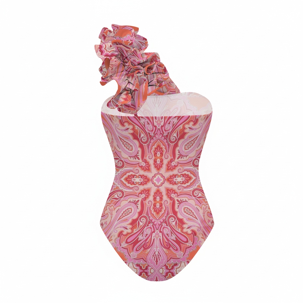 Pink Orange Paisley One-Shoulder Ruffled One-Piece Swimsuit Matching Maxi Skirt Set