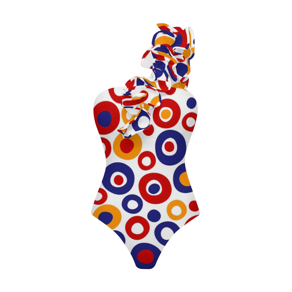 Retro Colorful Circle One-Shoulder Ruffled One-Piece Swimsuit Matching Maxi Skirt Set