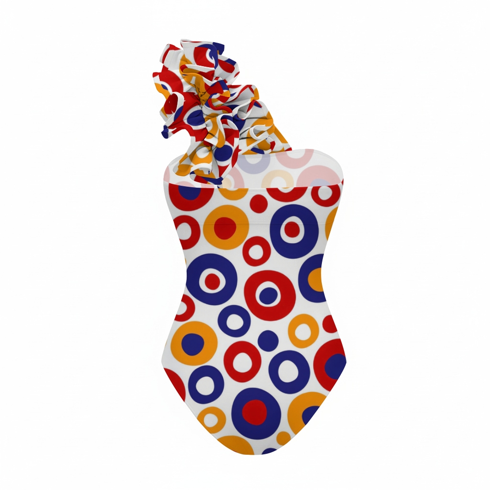 Retro Colorful Circle One-Shoulder Ruffled One-Piece Swimsuit Matching Maxi Skirt Set
