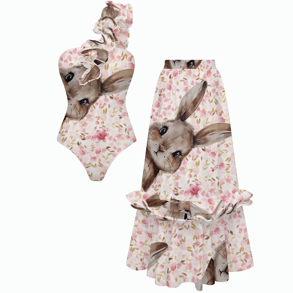 Watercolor Rabbit Cherry Blossom One-Shoulder Ruffled Swimsuit Matching Maxi Skirt Set