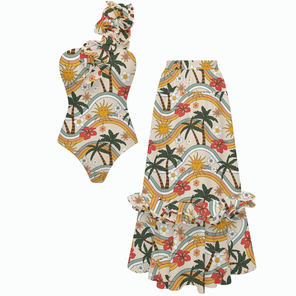 Tropical Palm Sunflower One-Shoulder Ruffled One-Piece Swimsuit Matching Maxi Skirt Set