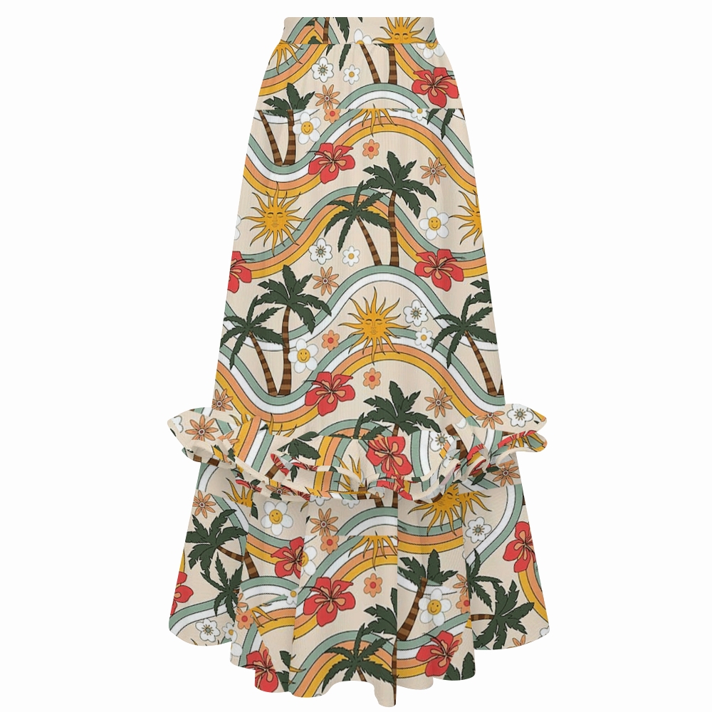 Tropical Palm Sunflower One-Shoulder Ruffled One-Piece Swimsuit Matching Maxi Skirt Set