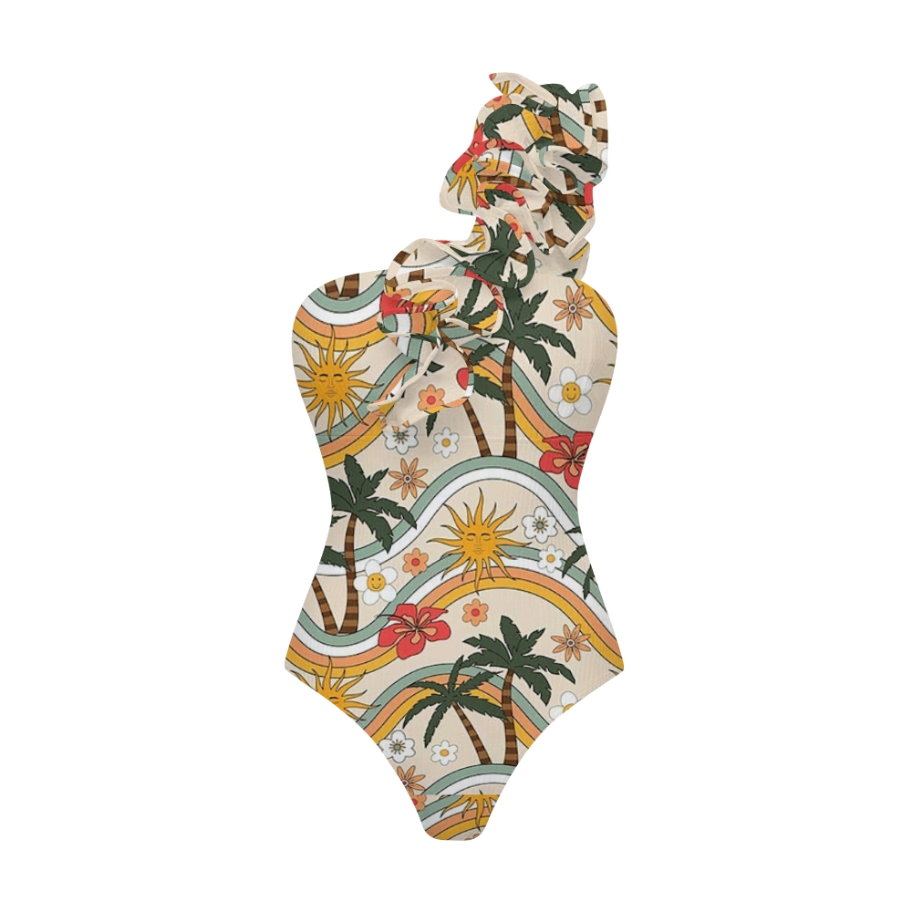 Tropical Palm Sunflower One-Shoulder Ruffled One-Piece Swimsuit Matching Maxi Skirt Set