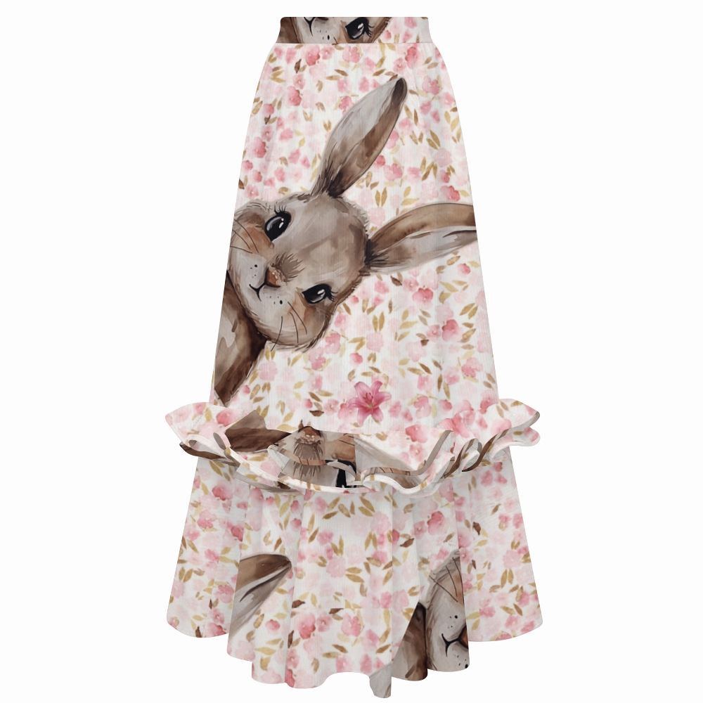 Watercolor Rabbit Cherry Blossom One-Shoulder Ruffled Swimsuit Matching Maxi Skirt Set