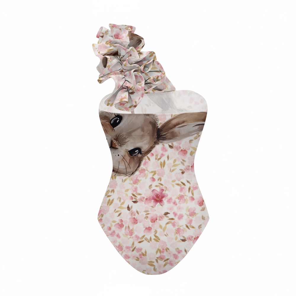 Watercolor Rabbit Cherry Blossom One-Shoulder Ruffled Swimsuit Matching Maxi Skirt Set