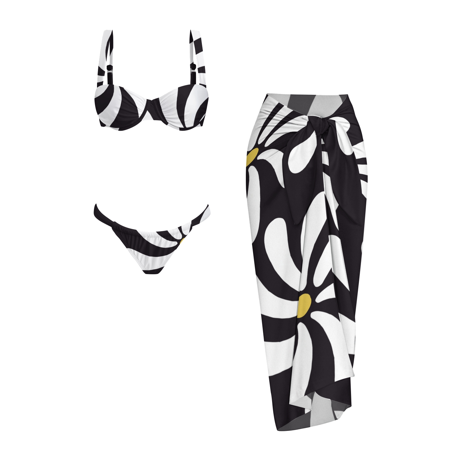 Daisy Print Bikini And Beach Skirt Set