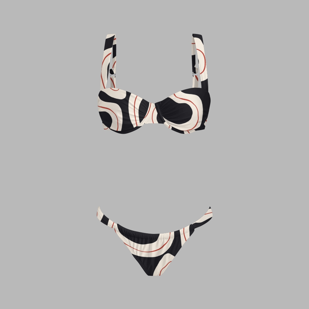 Abstract Curve Print Bikini And Beach Skirt Set