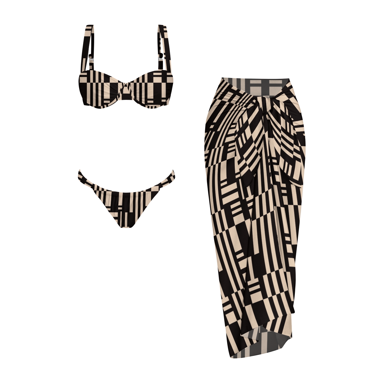 Block Stripe Print Bikini And Beach Skirt Set