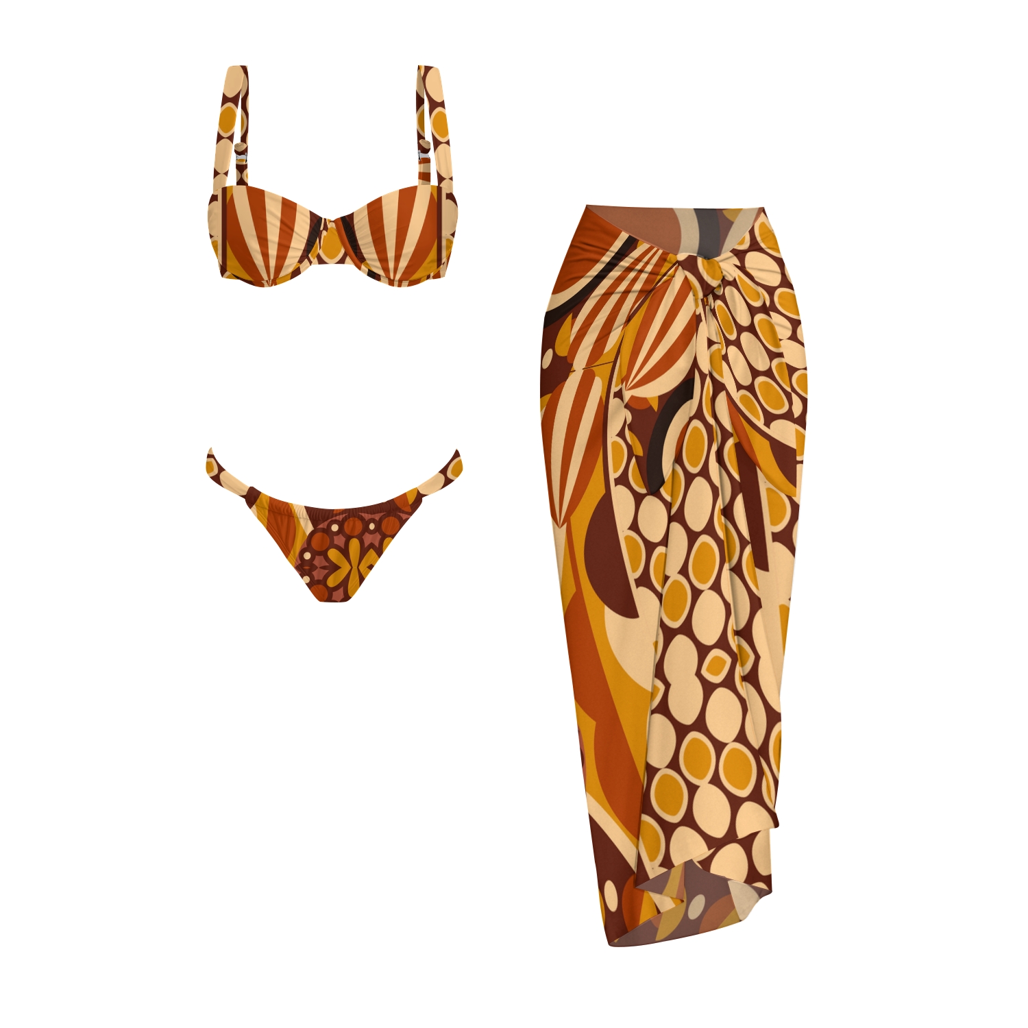 Retro Geometric Print Bikini And Beach Skirt Set