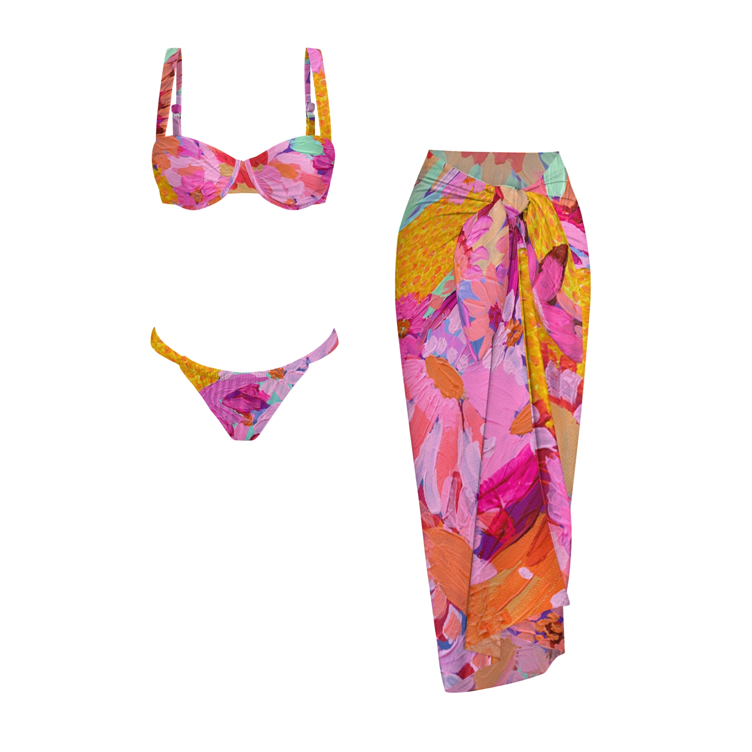 Painterly Floral Print Bikini And Beach Skirt Set