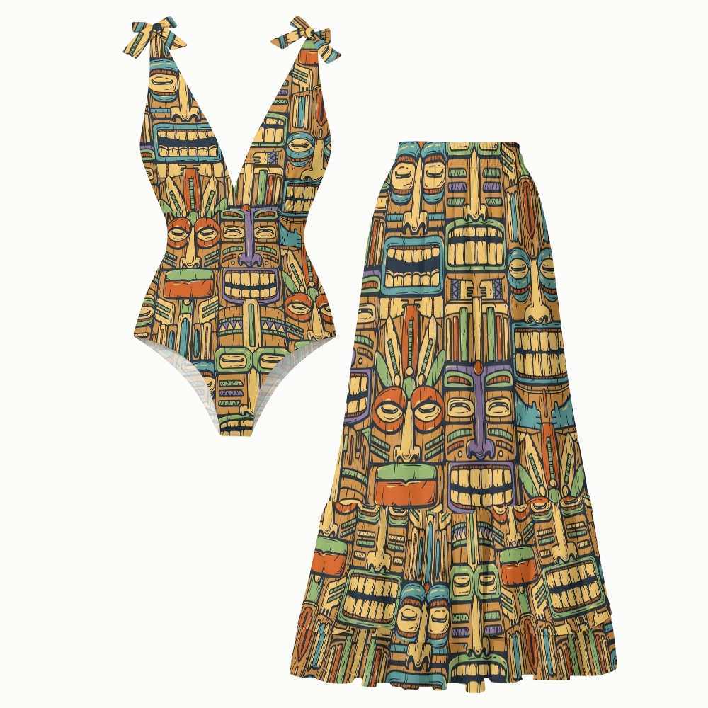 Tiki Totem Print V-Neck One Piece Swimsuit with Matching Maxi Skirt