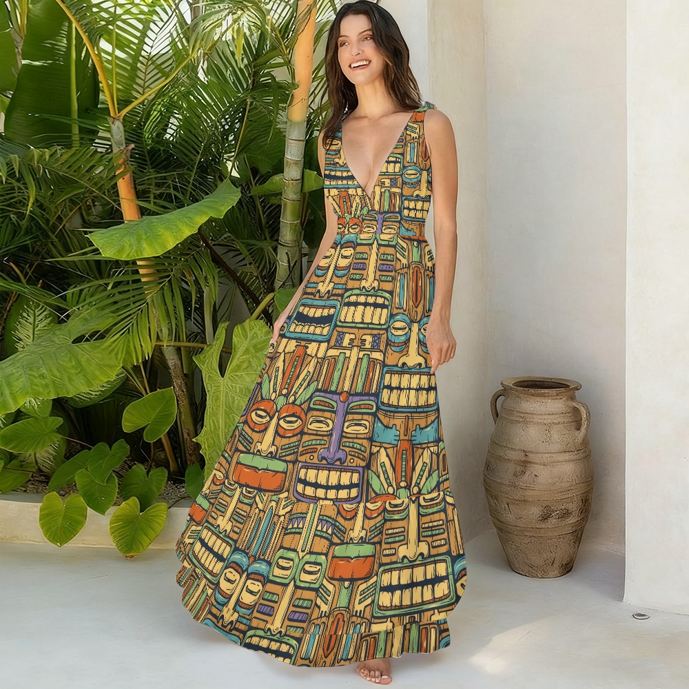 Tiki Totem Print V-Neck One Piece Swimsuit with Matching Maxi Skirt