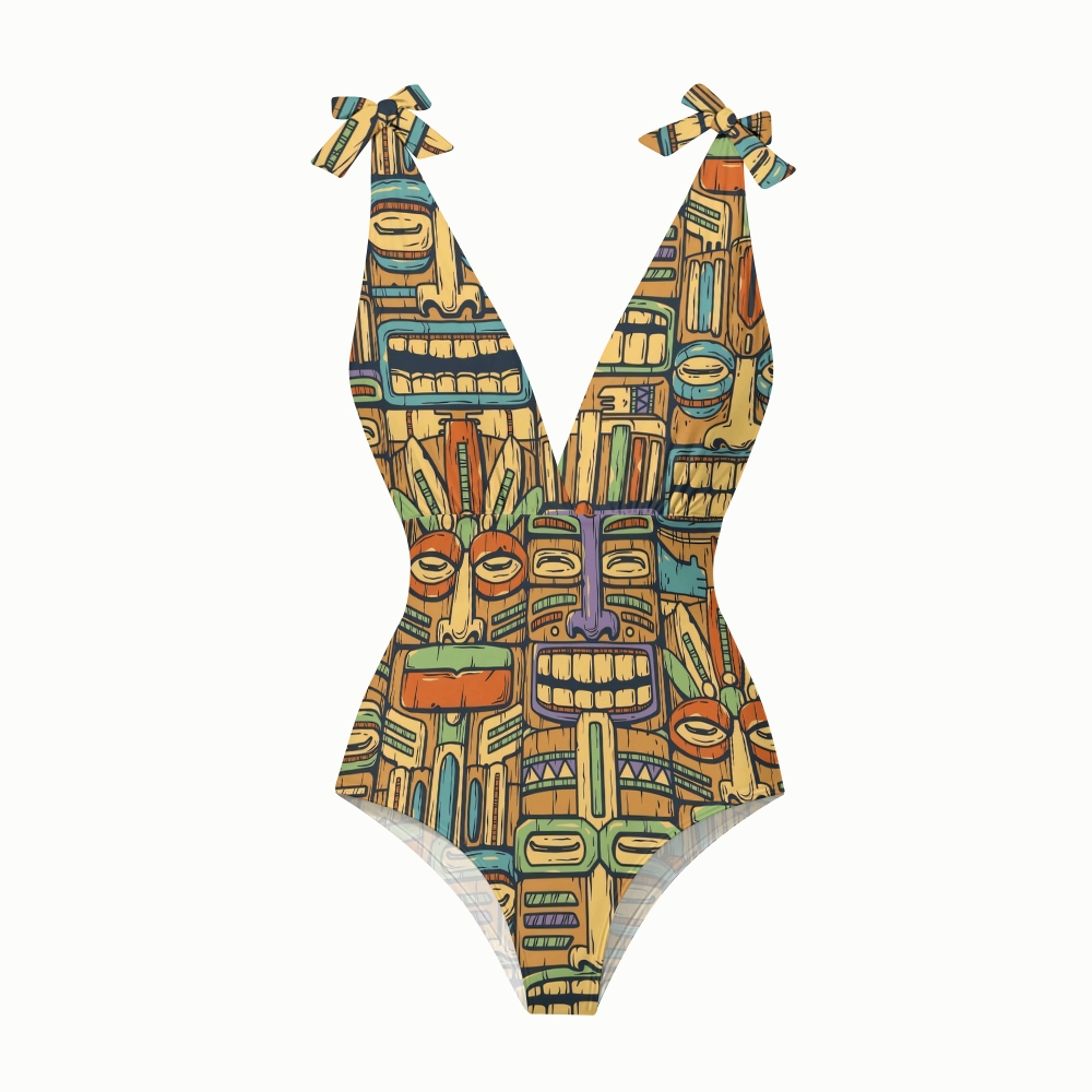 Tiki Totem Print V-Neck One Piece Swimsuit with Matching Maxi Skirt
