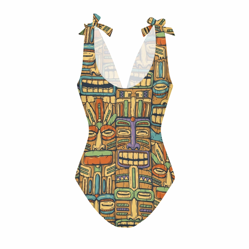 Tiki Totem Print V-Neck One Piece Swimsuit with Matching Maxi Skirt