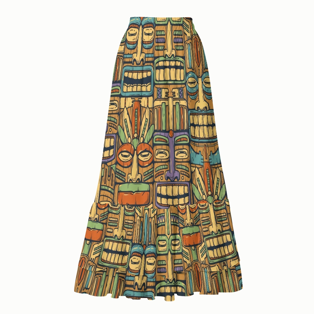 Tiki Totem Print V-Neck One Piece Swimsuit with Matching Maxi Skirt