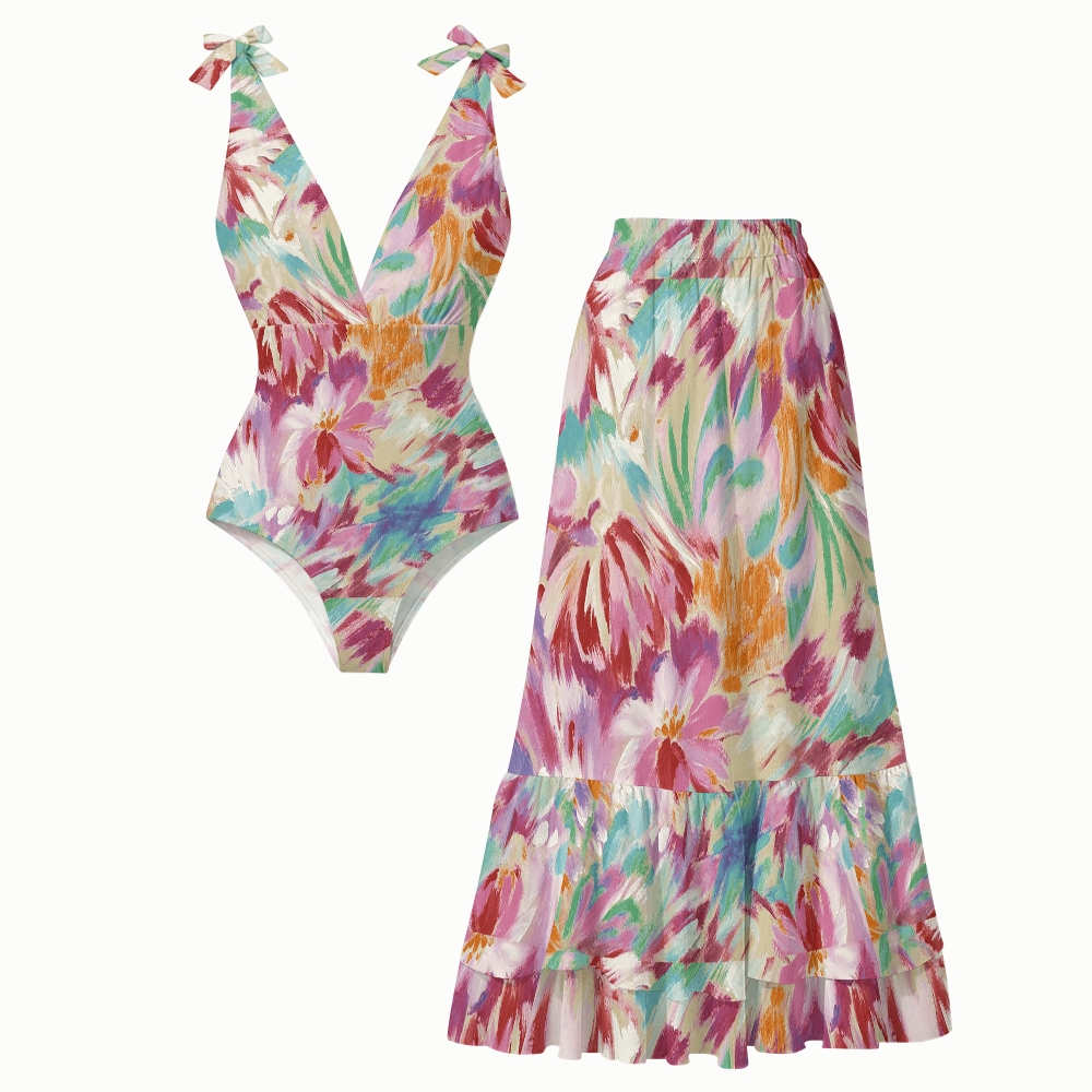 Colorful Brushstroke Floral Print V-Neck One Piece Swimsuit with Matching Ruffled Skirt