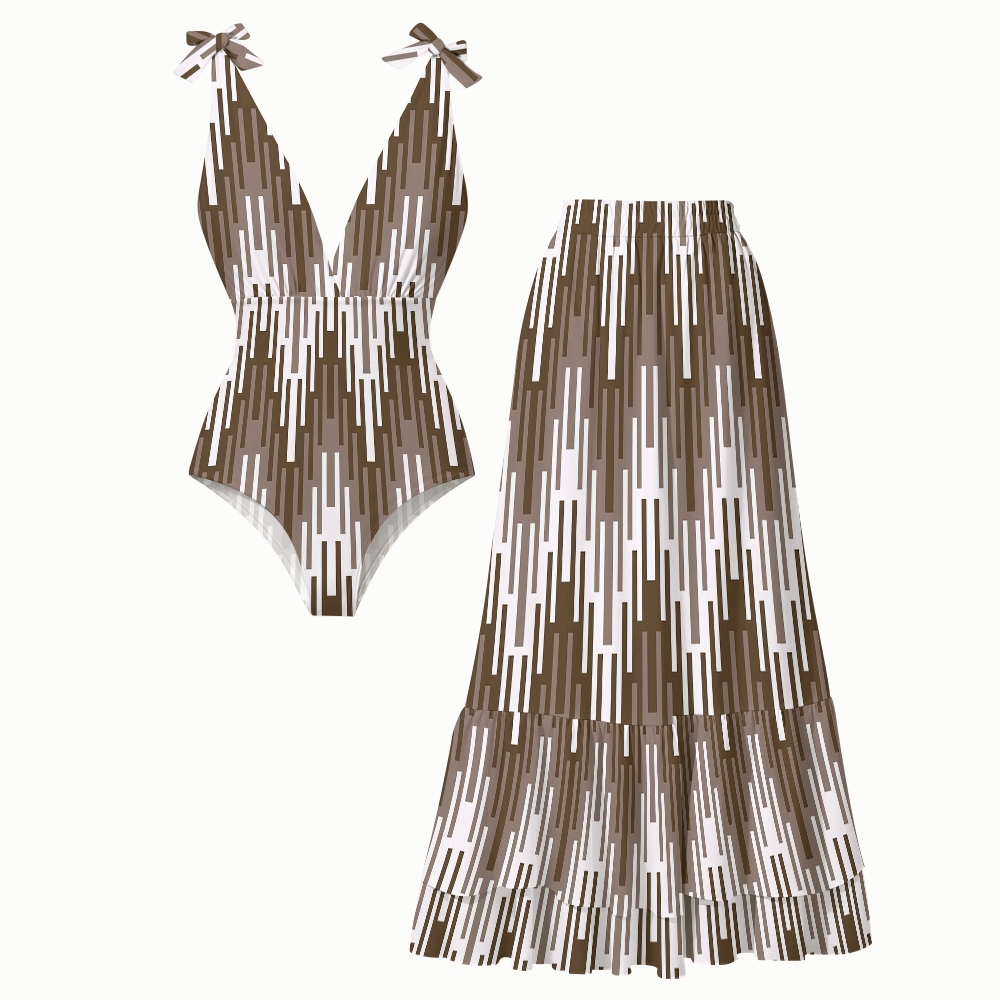 Modern Geometric Brown White Stripe Print V Neck One Piece Swimsuit Matching Skirt Set