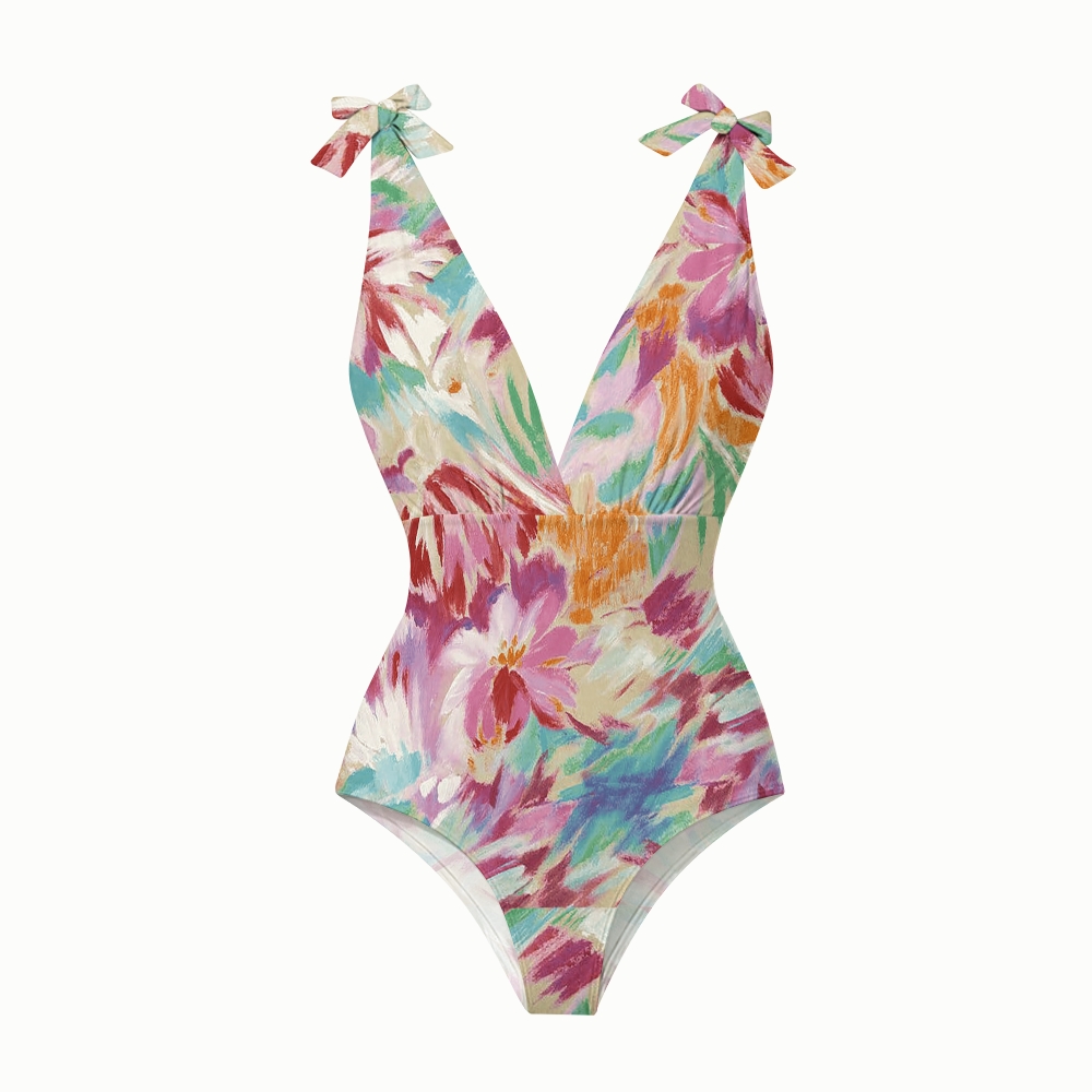 Colorful Brushstroke Floral Print V-Neck One Piece Swimsuit with Matching Ruffled Skirt