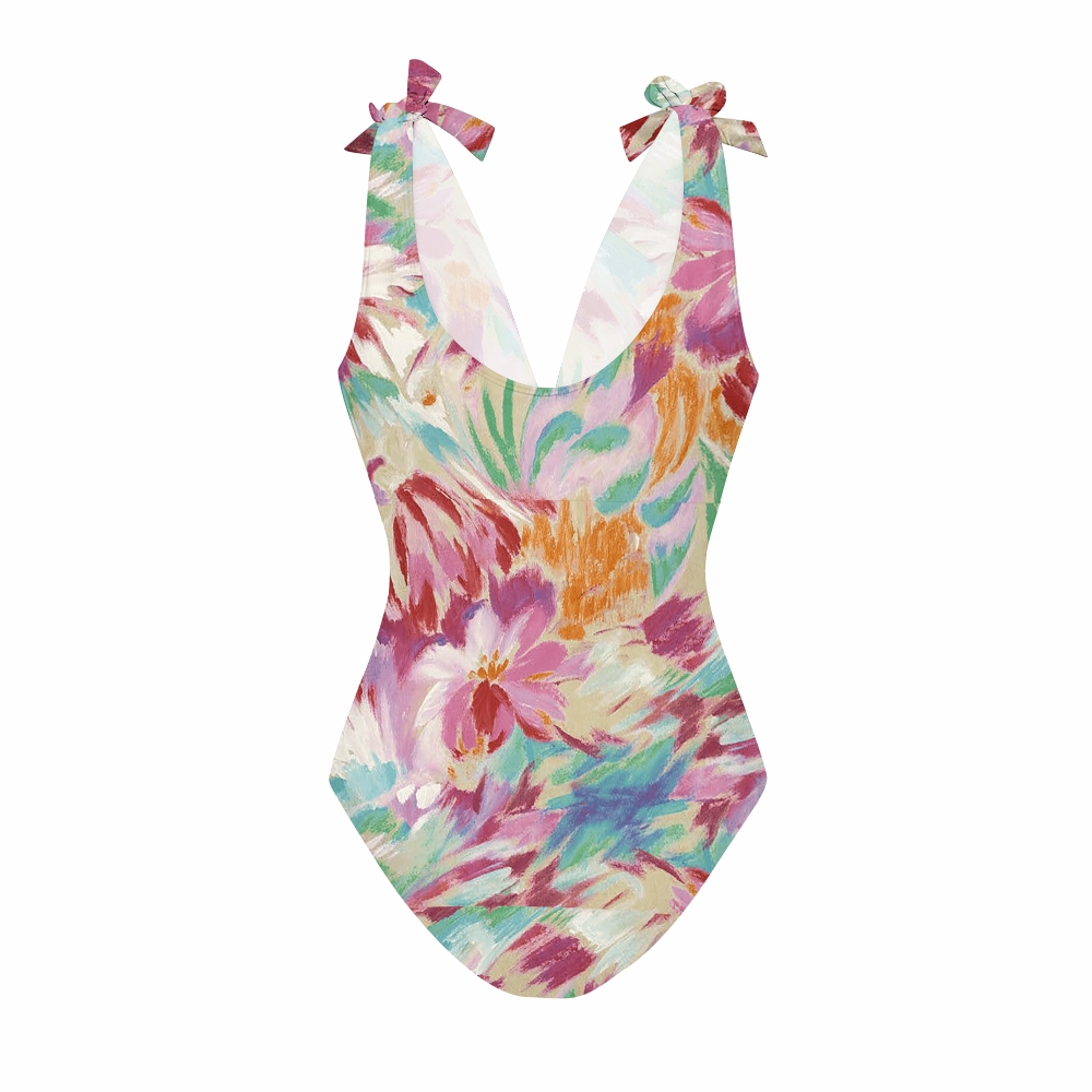 Colorful Brushstroke Floral Print V-Neck One Piece Swimsuit with Matching Ruffled Skirt
