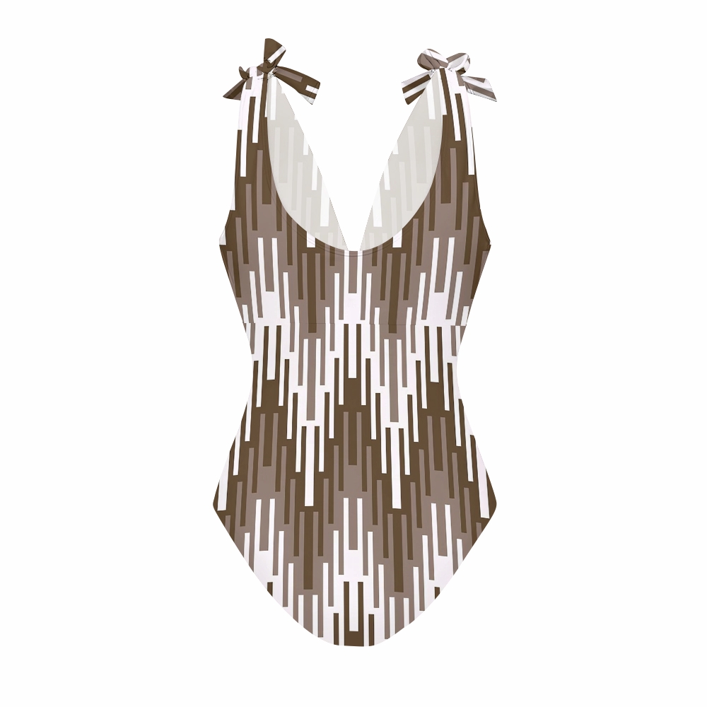 Modern Geometric Brown White Stripe Print V Neck One Piece Swimsuit Matching Skirt Set