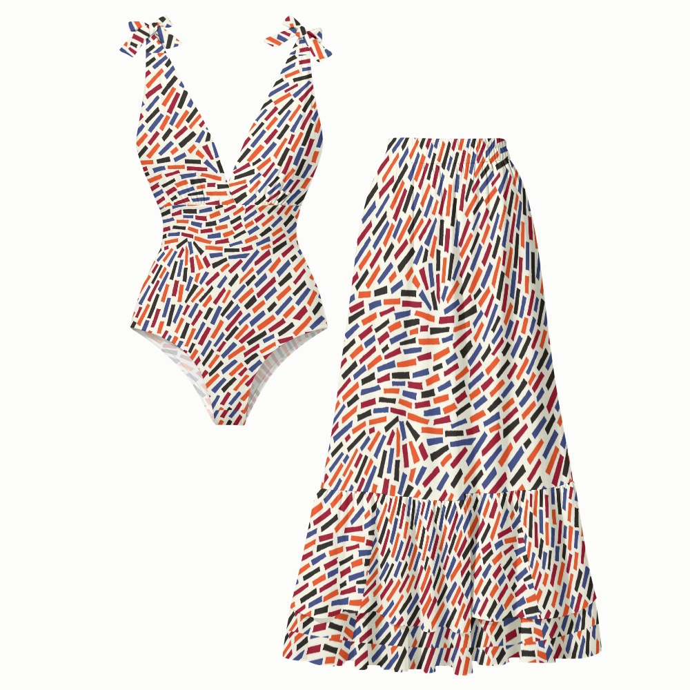 Modern Pop Multicolor Confetti Stripe Print V Neck One Piece Swimsuit Matching Skirt Set