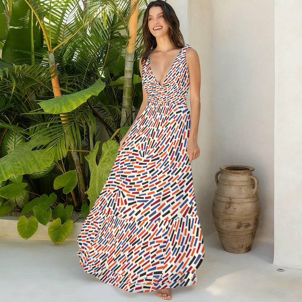 Modern Pop Multicolor Confetti Stripe Print V Neck One Piece Swimsuit Matching Skirt Set