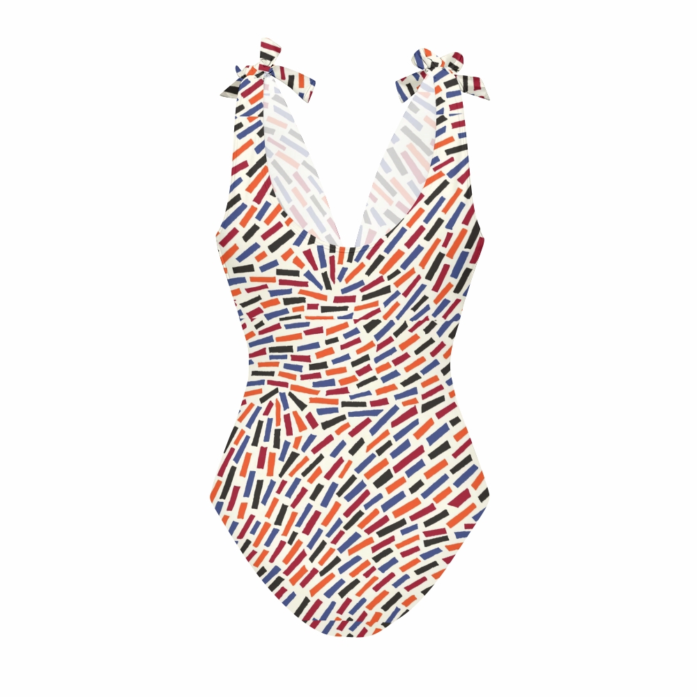 Modern Pop Multicolor Confetti Stripe Print V Neck One Piece Swimsuit Matching Skirt Set