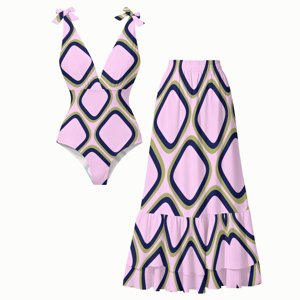 Retro Pink Green Diamond Geometric Print V Neck One Piece Swimsuit Matching Skirt Set