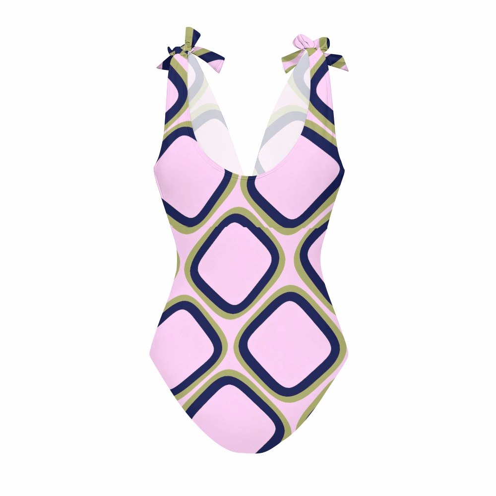 Retro Pink Green Diamond Geometric Print V Neck One Piece Swimsuit Matching Skirt Set