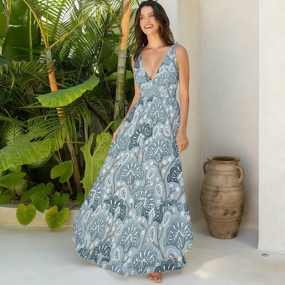 Artistic Block Print Blue Floral Print V Neck One Piece Swimsuit Matching Skirt Set