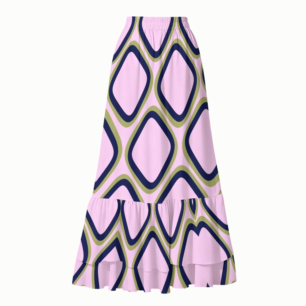 Retro Pink Green Diamond Geometric Print V Neck One Piece Swimsuit Matching Skirt Set