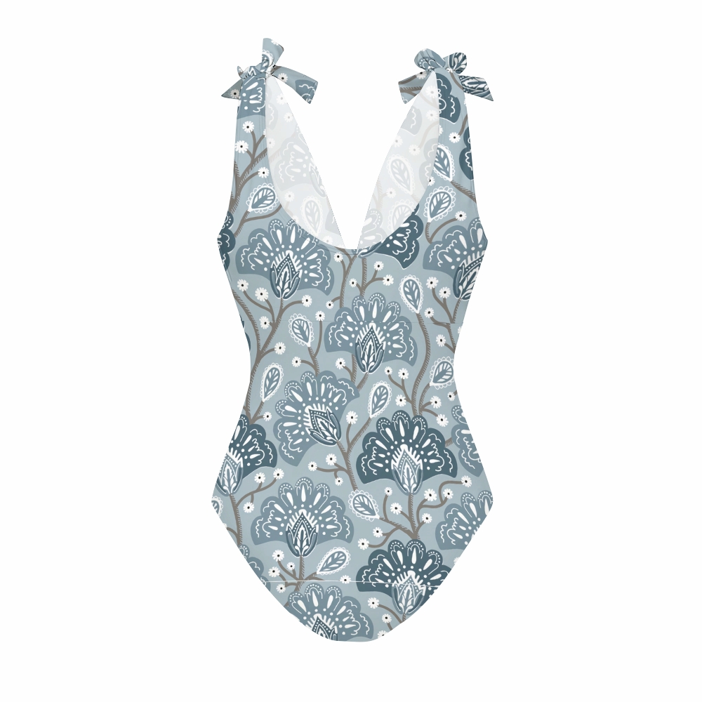 Artistic Block Print Blue Floral Print V Neck One Piece Swimsuit Matching Skirt Set