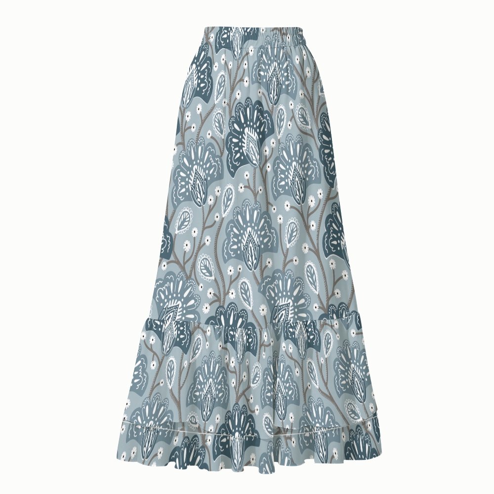 Artistic Block Print Blue Floral Print V Neck One Piece Swimsuit Matching Skirt Set