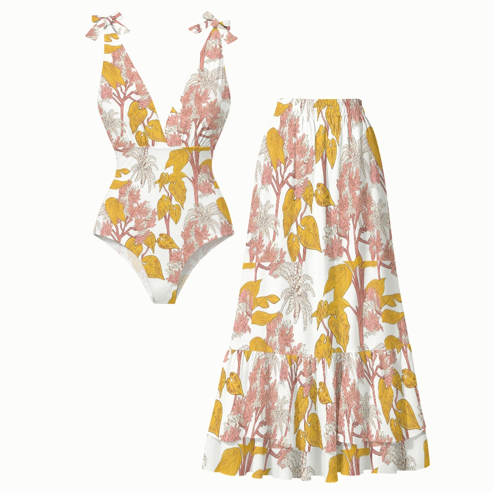 Vintage Tropical Yellow Pink Botanical Print V Neck One Piece Swimsuit Matching Skirt Set