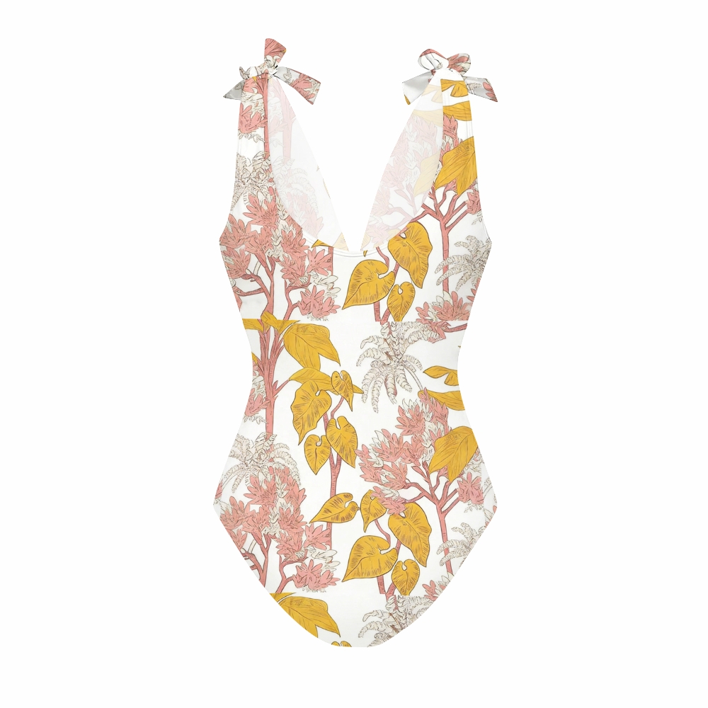 Vintage Tropical Yellow Pink Botanical Print V Neck One Piece Swimsuit Matching Skirt Set