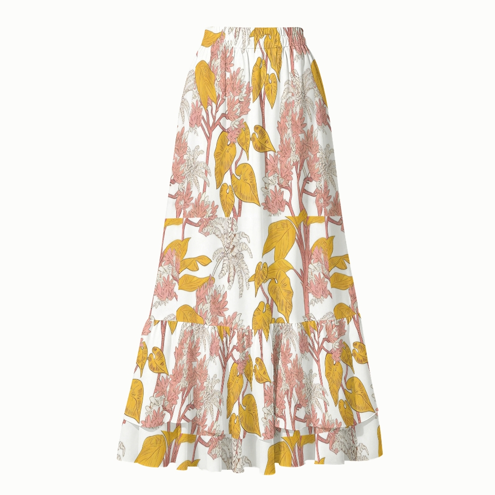 Vintage Tropical Yellow Pink Botanical Print V Neck One Piece Swimsuit Matching Skirt Set