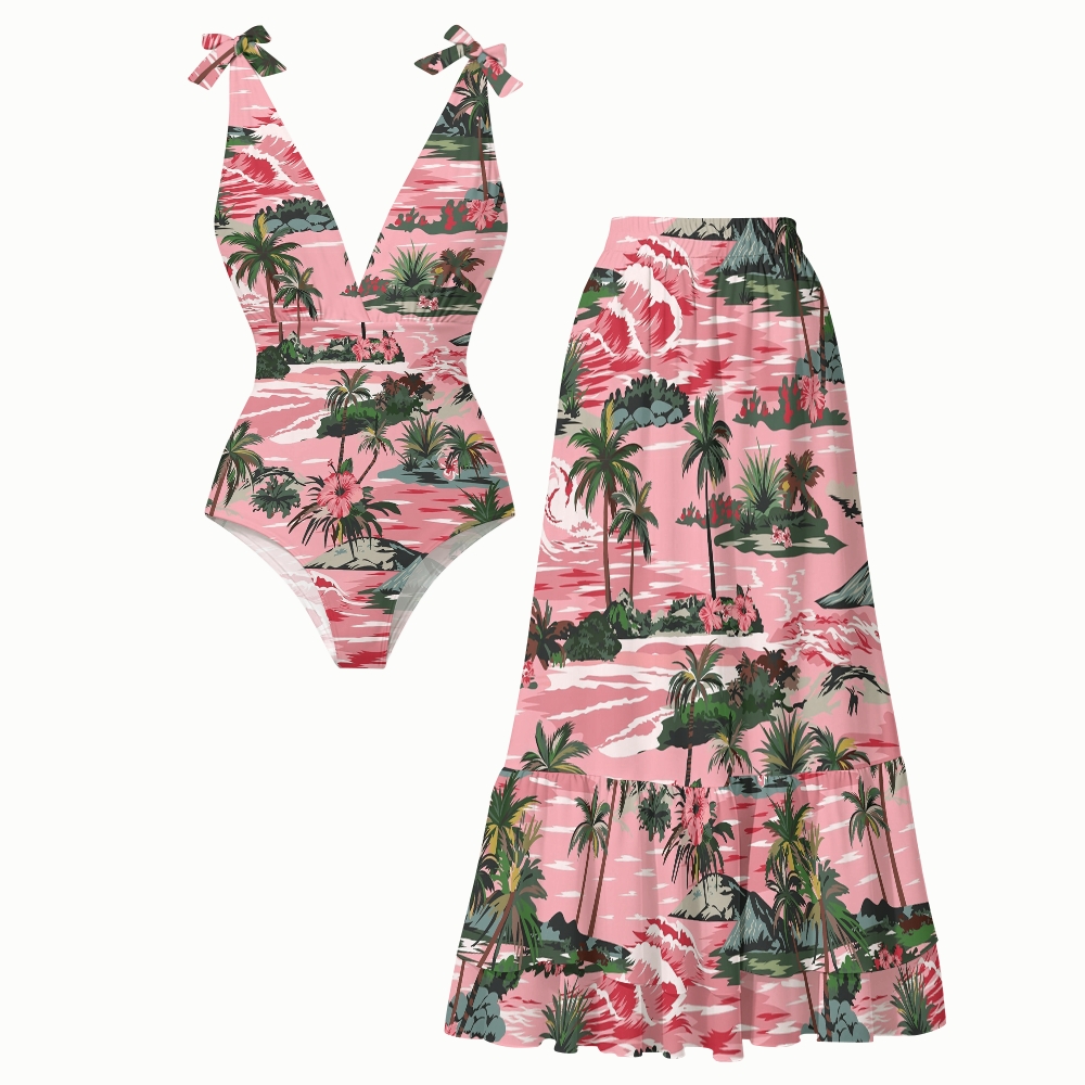 Tropical Vacation Pink Island Print V Neck One Piece Swimsuit Matching Skirt Set