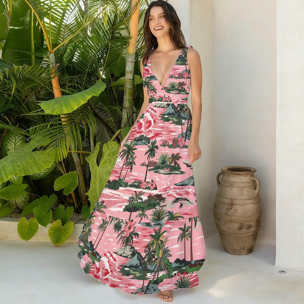 Tropical Vacation Pink Island Print V Neck One Piece Swimsuit Matching Skirt Set