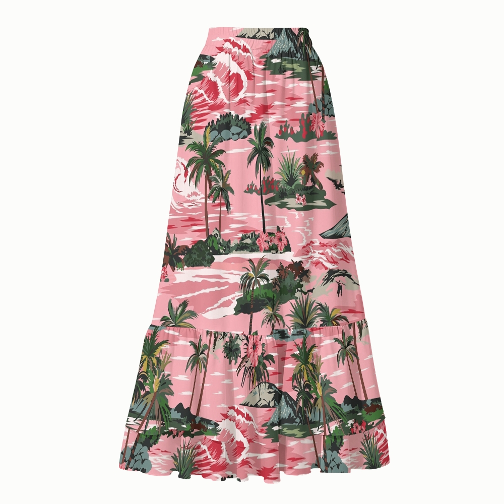 Tropical Vacation Pink Island Print V Neck One Piece Swimsuit Matching Skirt Set