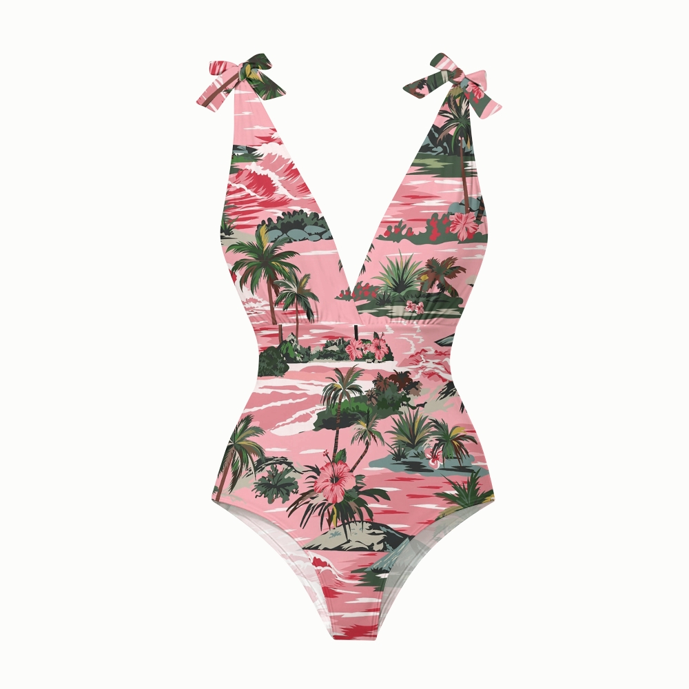 Tropical Vacation Pink Island Print V Neck One Piece Swimsuit Matching Skirt Set