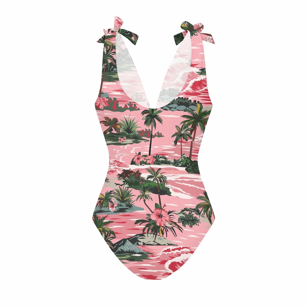Tropical Vacation Pink Island Print V Neck One Piece Swimsuit Matching Skirt Set