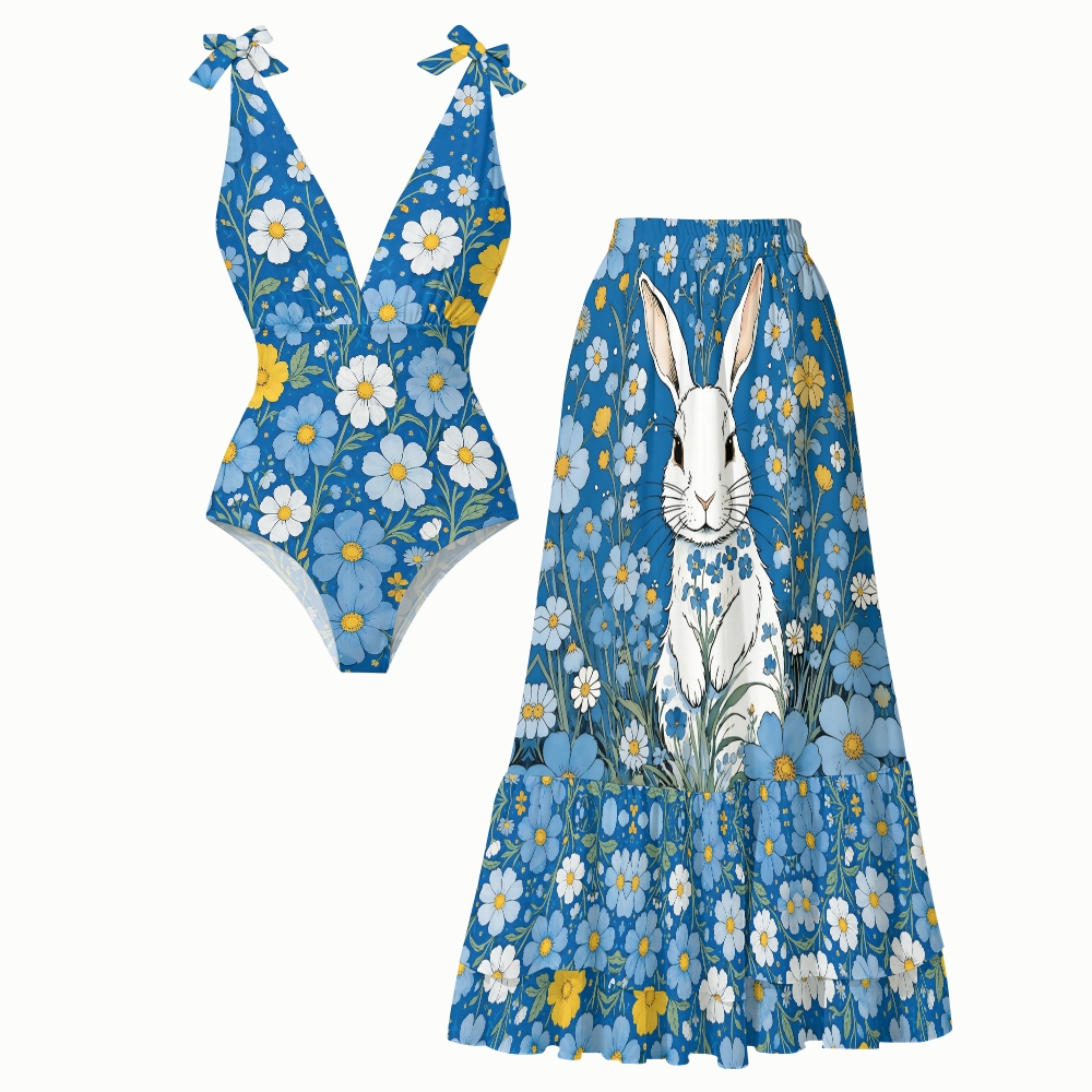 Fairytale Blue Bunny Floral Print V Neck One Piece Swimsuit Matching Skirt Set