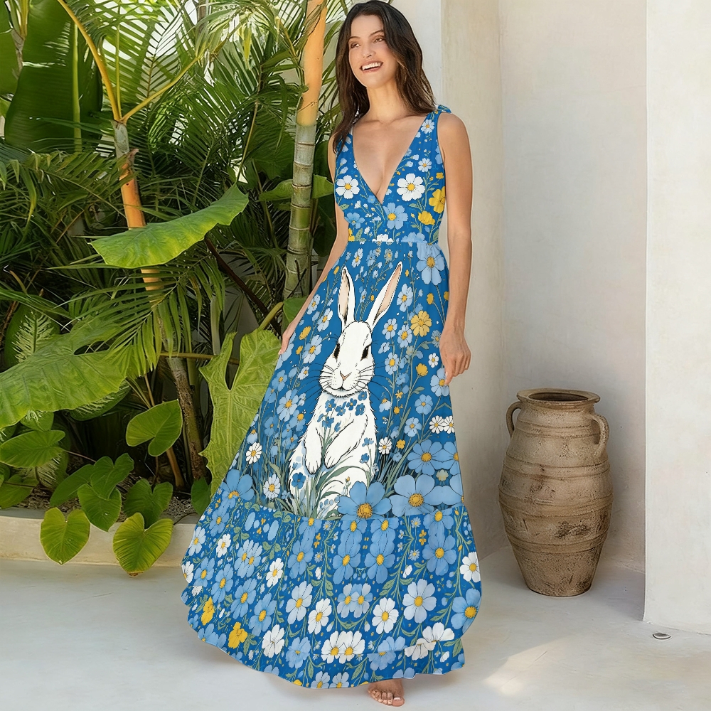 Fairytale Blue Bunny Floral Print V Neck One Piece Swimsuit Matching Skirt Set