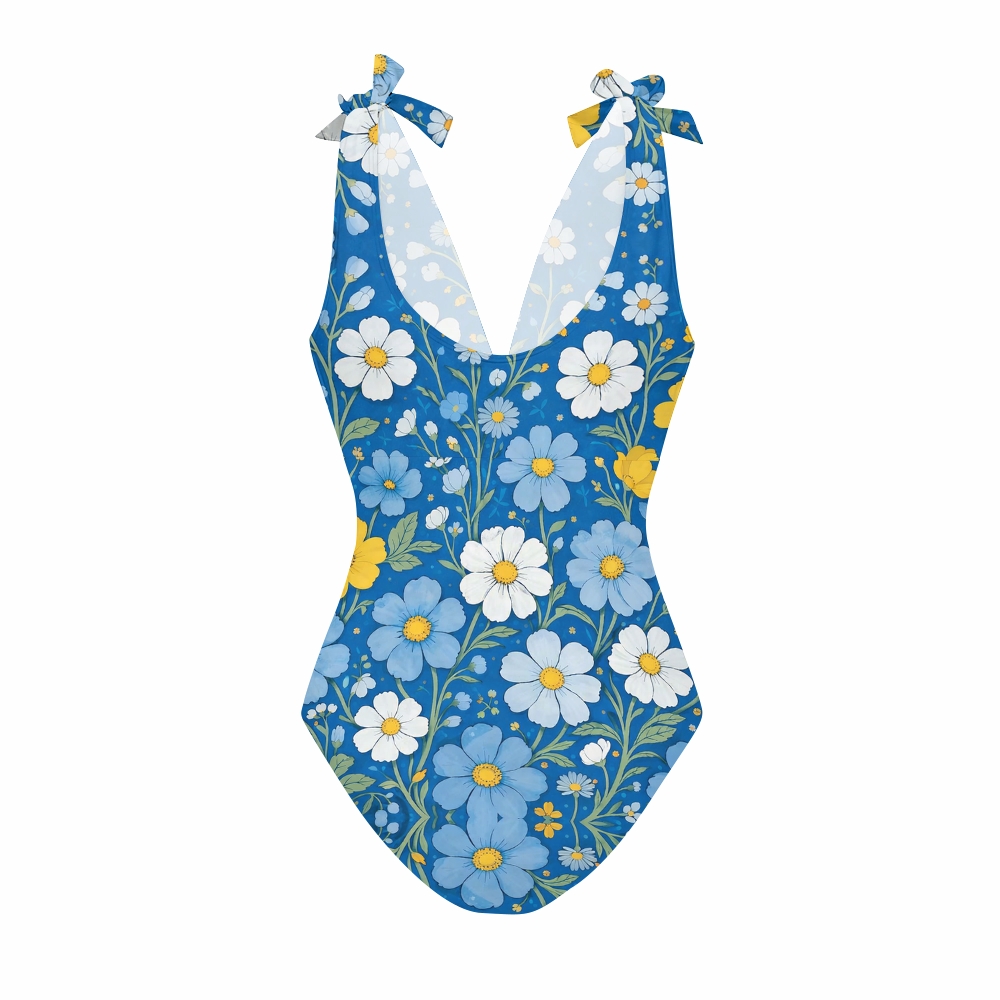 Fairytale Blue Bunny Floral Print V Neck One Piece Swimsuit Matching Skirt Set