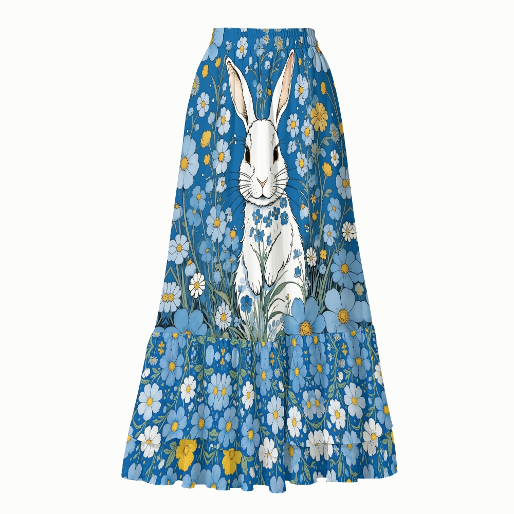 Fairytale Blue Bunny Floral Print V Neck One Piece Swimsuit Matching Skirt Set