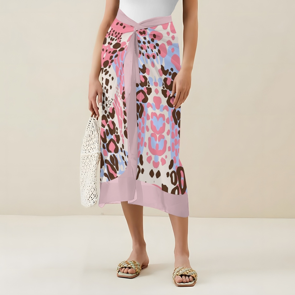 Pink Blue Leopard V Neck Tie Shoulder Swimsuit With Matching Skirt Set