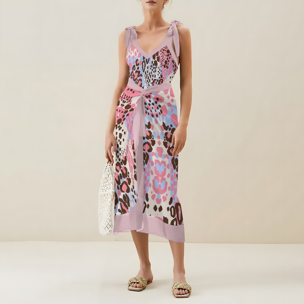 Pink Blue Leopard V Neck Tie Shoulder Swimsuit With Matching Skirt Set