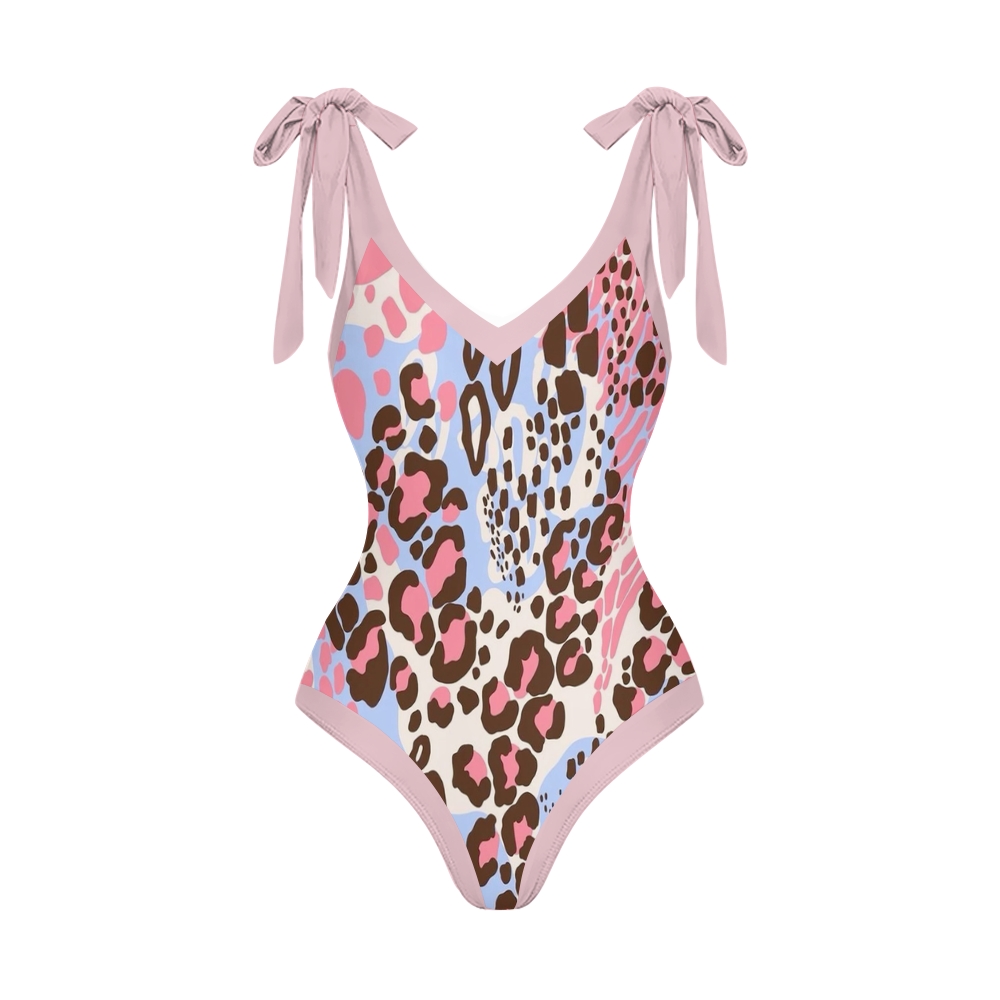 Pink Blue Leopard V Neck Tie Shoulder Swimsuit With Matching Skirt Set
